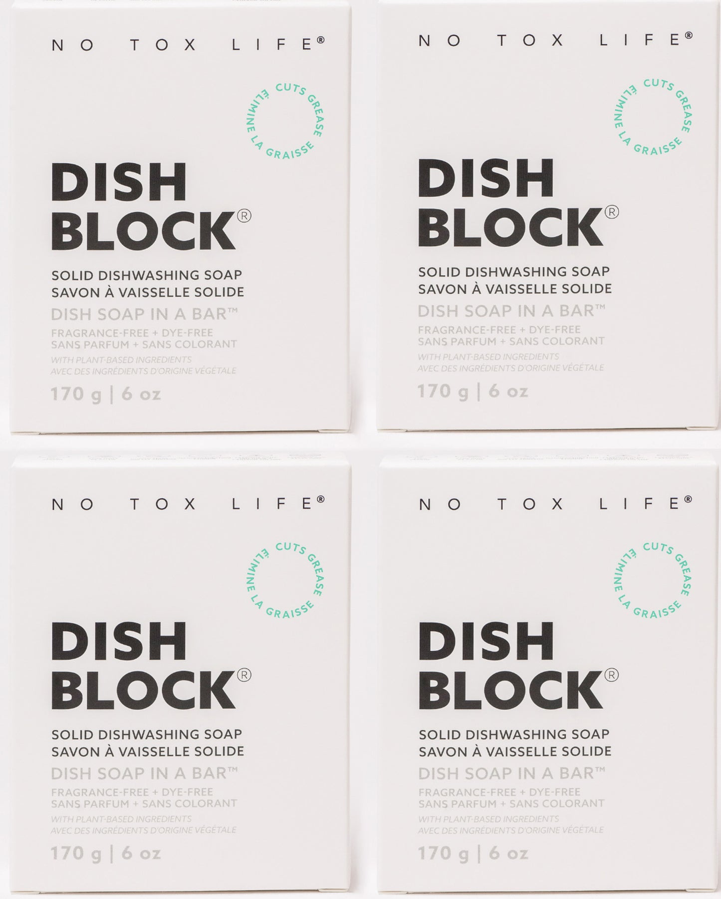DISH BLOCK® solid dish soap - 6 oz (170g) bars - Pack of 4 - No Tox Life® - NO TOX LIFE
