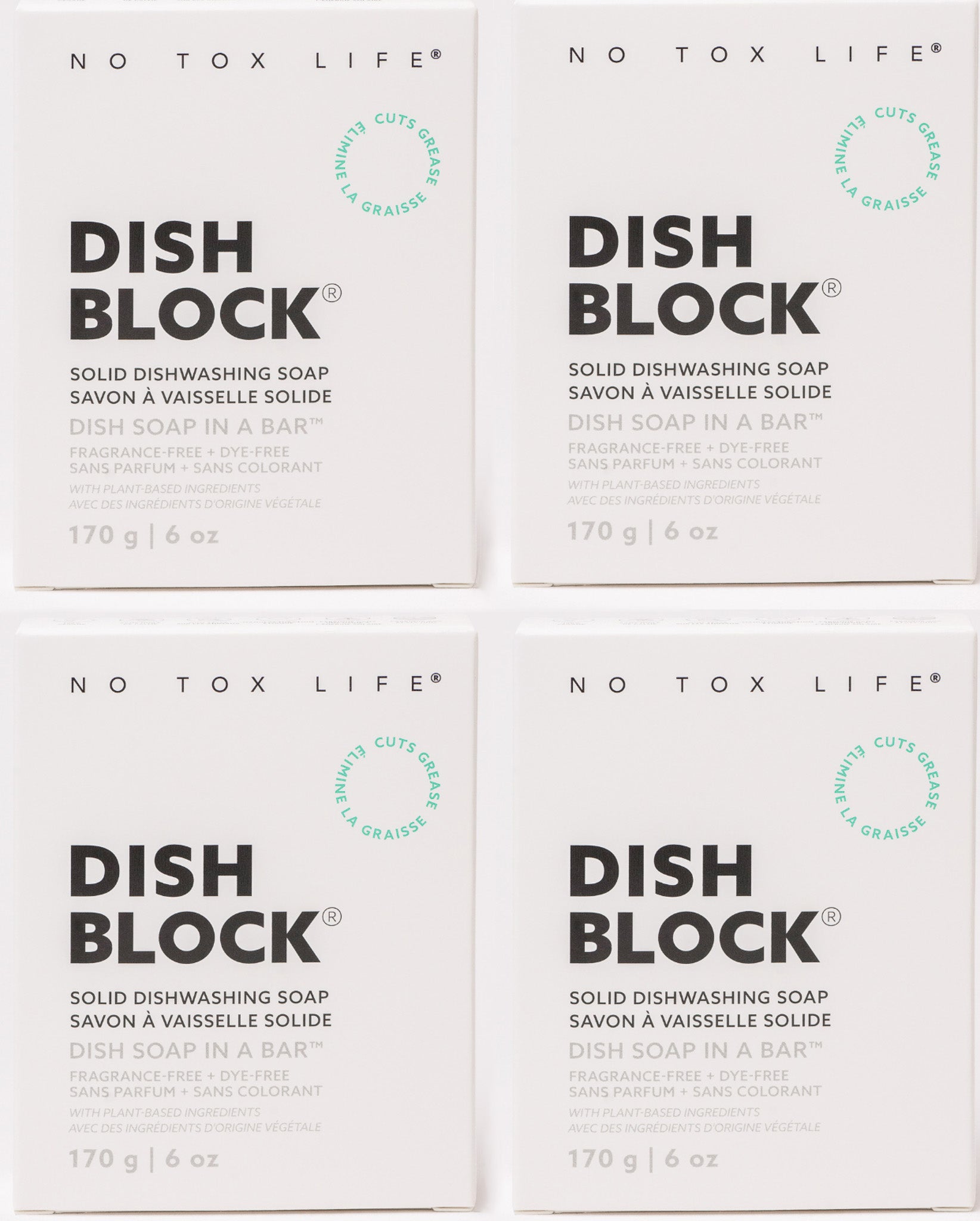 DISH BLOCK® solid dish soap - 6 oz (170g) bars - Pack of 4 - No Tox Life® - NO TOX LIFE