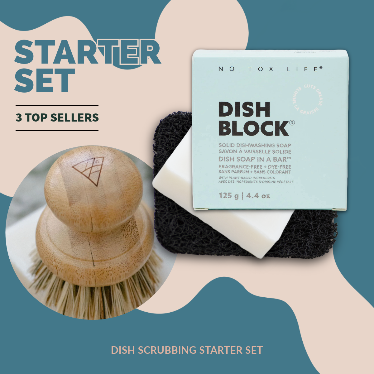 Dish scrubbing starter set with DISH BLOCK®, brush, and cleaning pad on a beige and blue background.